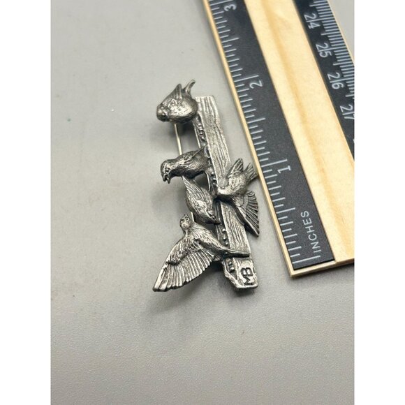 Vintage Birds on a Log Pin Brooch Signed 1999 M. Bastin Pewter Birds Animal Pin - Picture 6 of 6